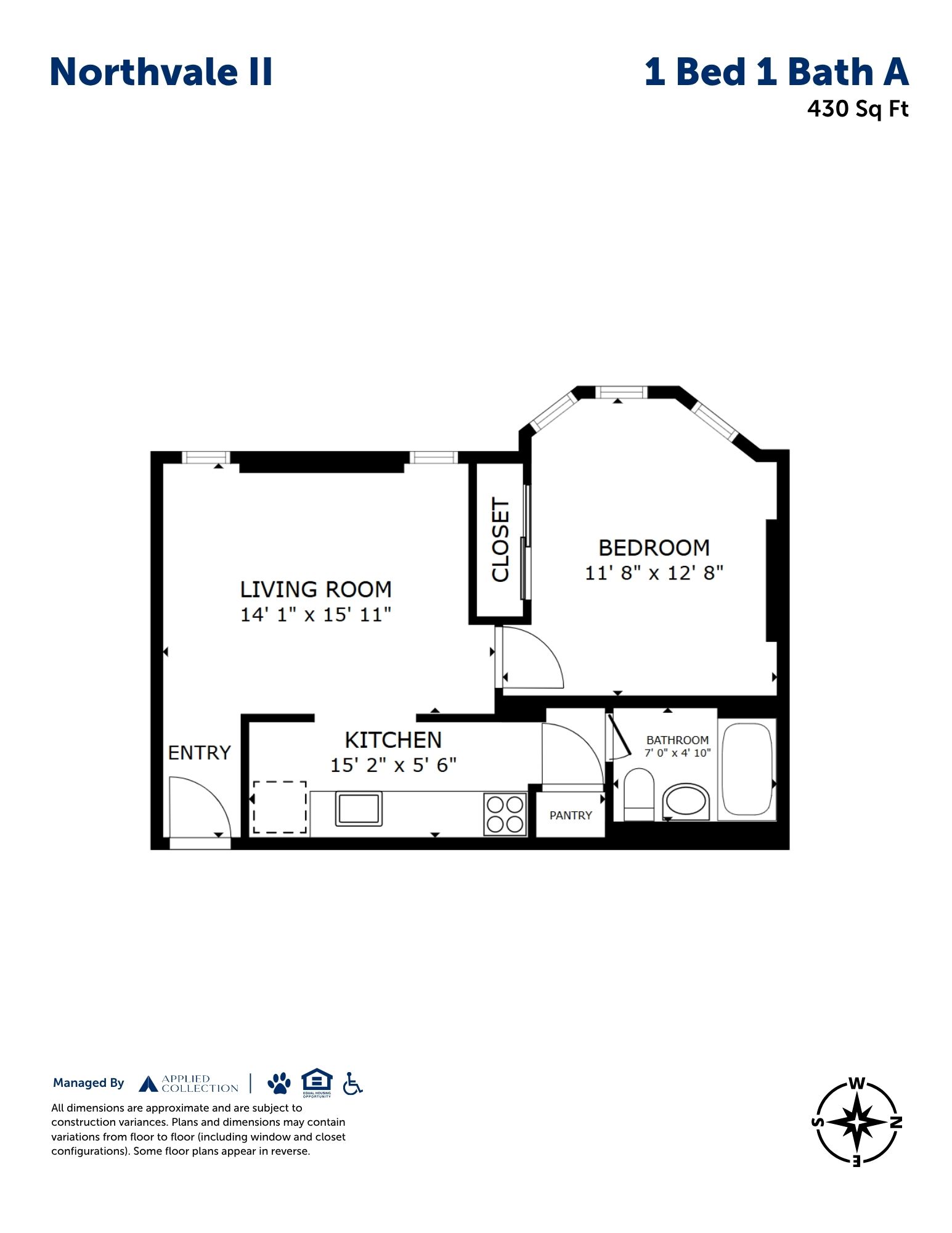 Floor plan for 1 bed, 1 bath, 430 sqft